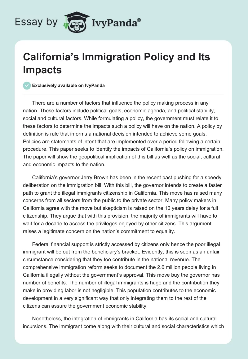 California’s Immigration Policy and Its Impacts. Page 1