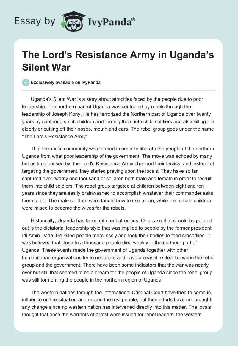 The Lord's Resistance Army in Uganda’s Silent War. Page 1