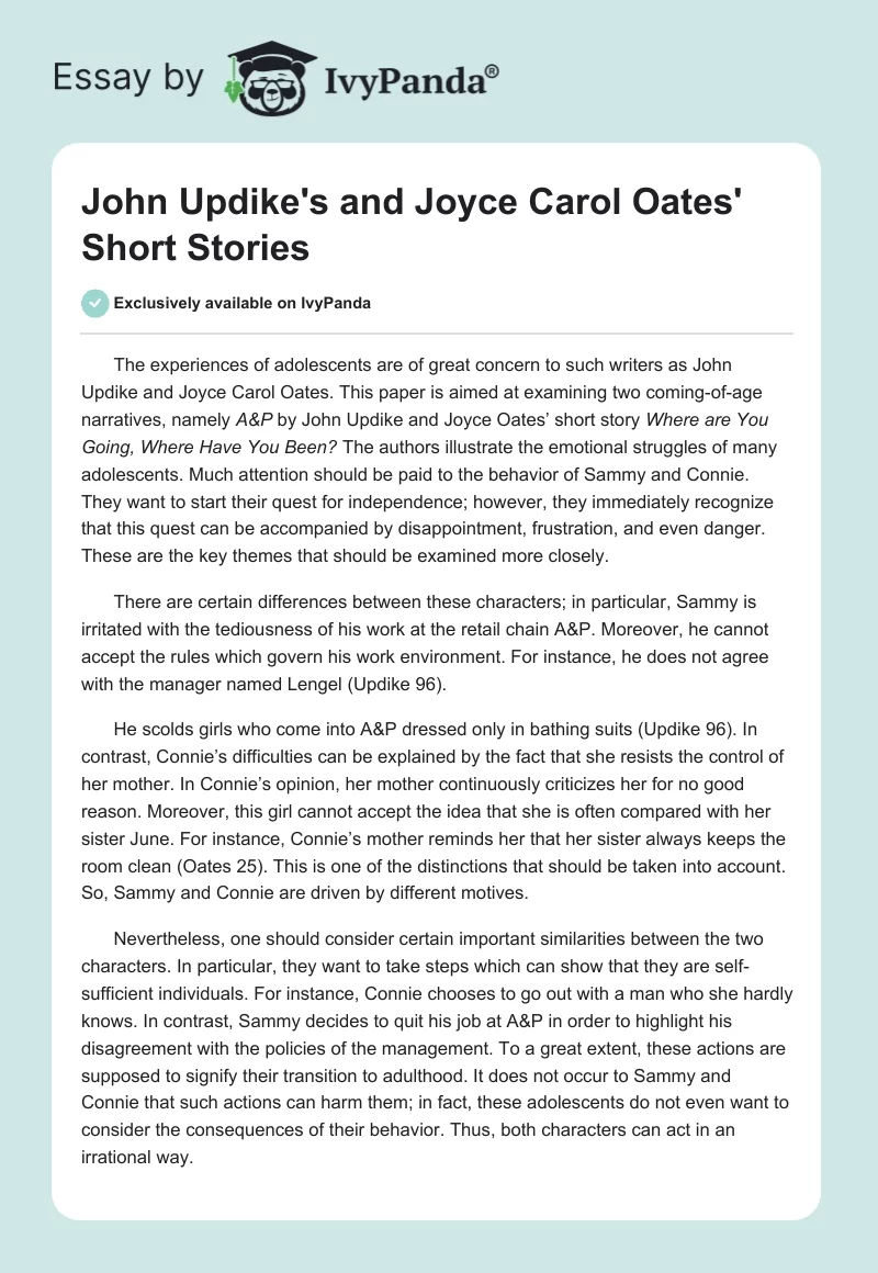 John Updike's and Joyce Carol Oates' Short Stories. Page 1