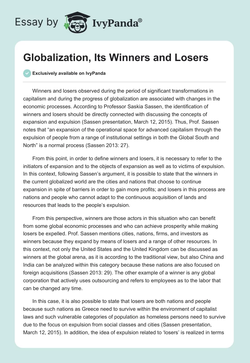 Globalization, Its Winners and Losers. Page 1