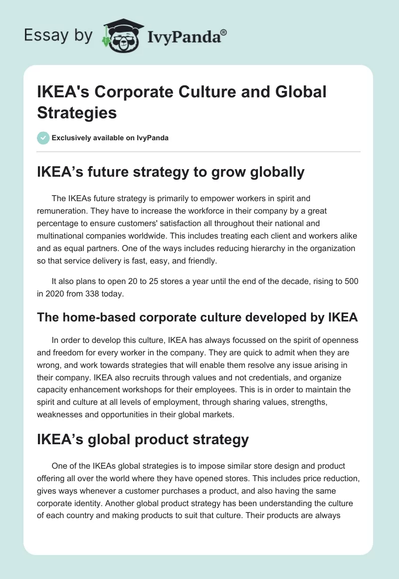 IKEA's Corporate Culture and Global Strategies. Page 1
