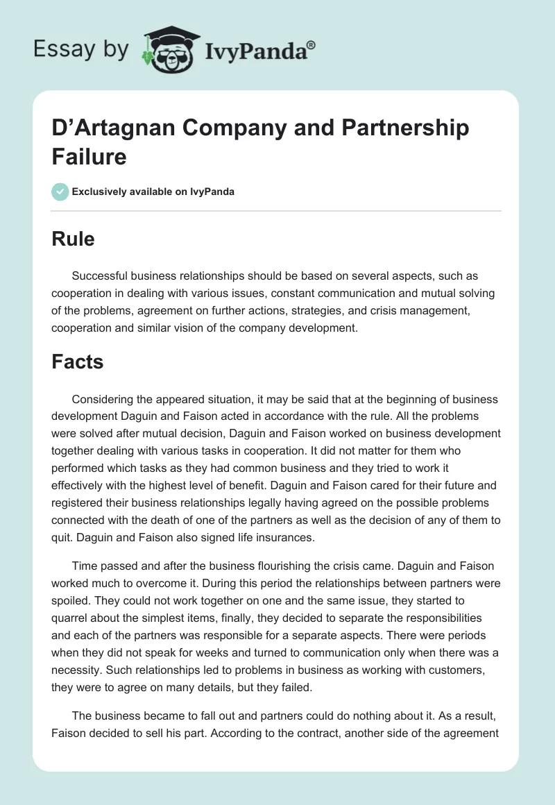 D’Artagnan Company and Partnership Failure. Page 1
