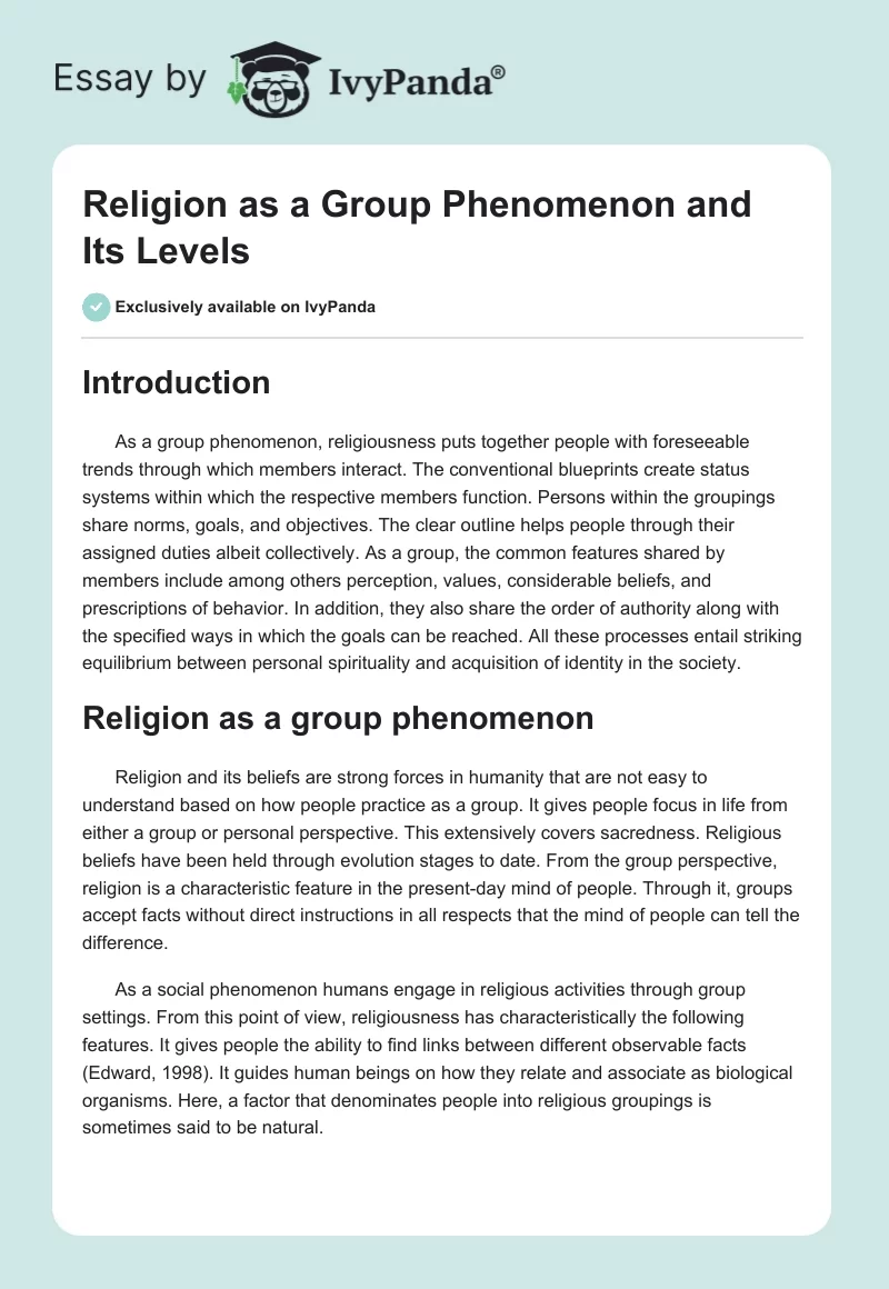 Religion as a Group Phenomenon and Its Levels. Page 1