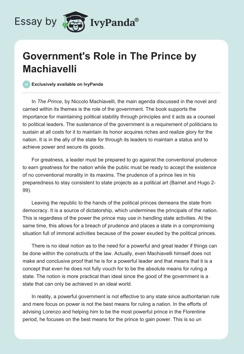 Government's Role in "The Prince" by Machiavelli. Page 1