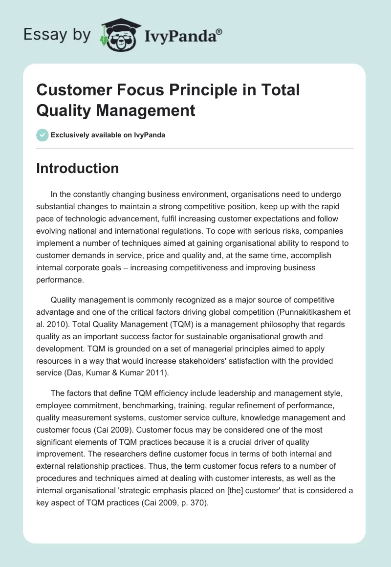Customer Focus Principle in Total Quality Management. Page 1