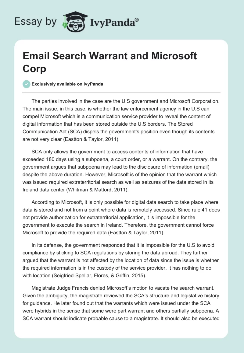 Email Search Warrant and Microsoft Corp. Page 1