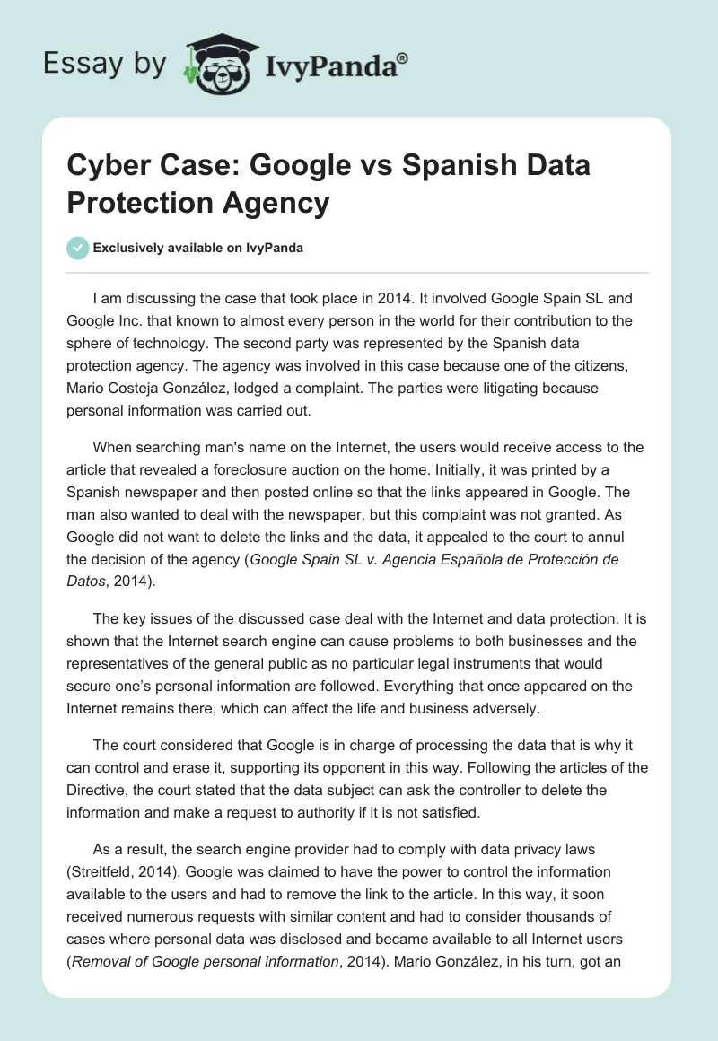 Cyber Case: Google vs Spanish Data Protection Agency. Page 1