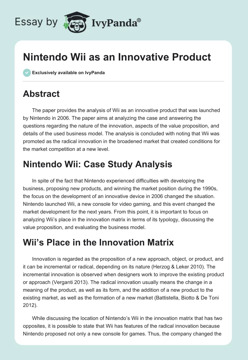 Nintendo Wii as an Innovative Product. Page 1