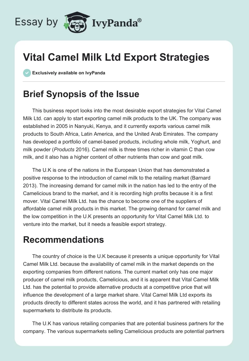 Vital Camel Milk Ltd Export Strategies. Page 1