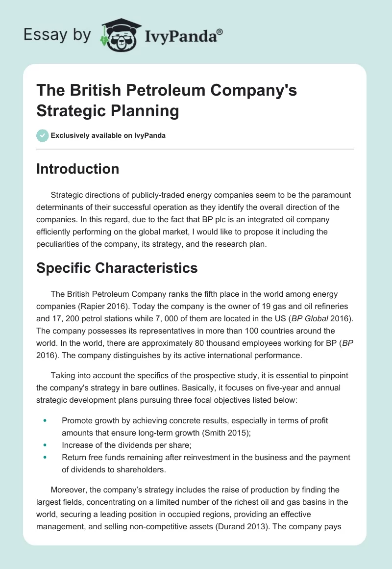 The British Petroleum Company's Strategic Planning. Page 1