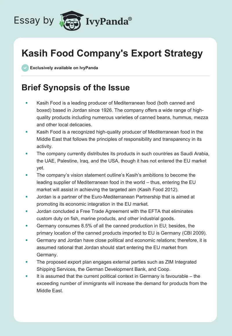 Kasih Food Company's Export Strategy. Page 1