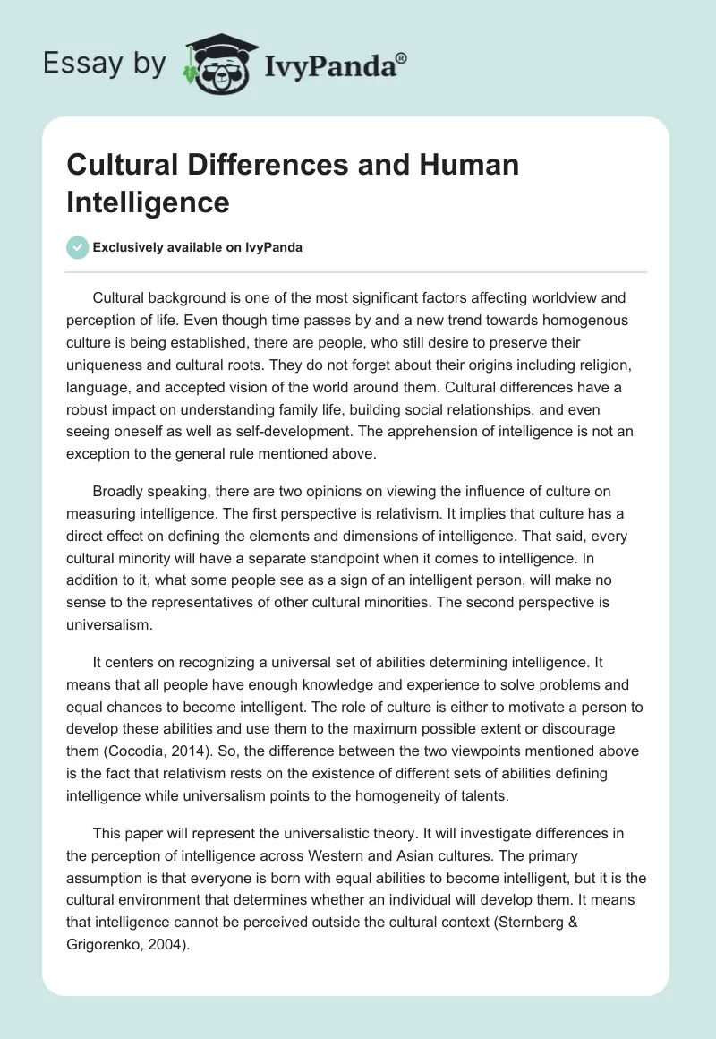 Cultural Differences and Human Intelligence. Page 1