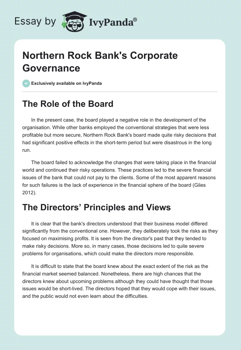 Northern Rock Bank's Corporate Governance. Page 1