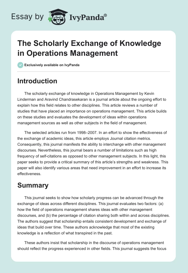 The Scholarly Exchange of Knowledge in Operations Management. Page 1