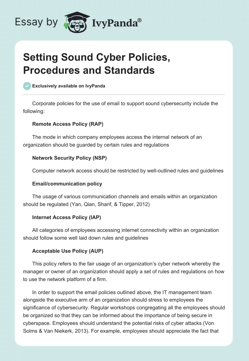 Setting Sound Cyber Policies, Procedures and Standards. Page 1