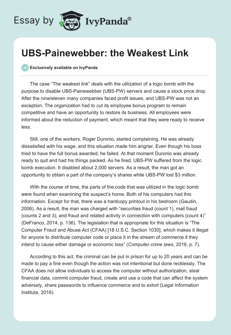 UBS-Painewebber: the Weakest Link. Page 1