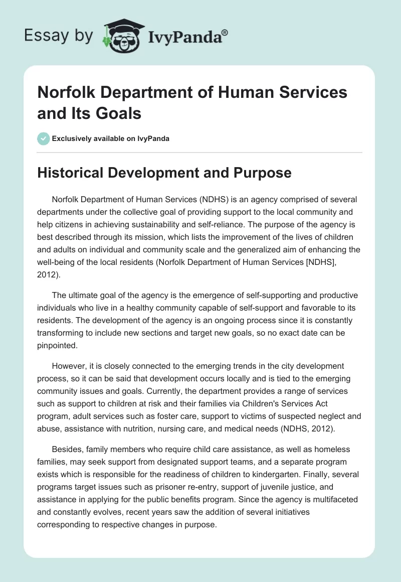 Norfolk Department of Human Services and Its Goals. Page 1