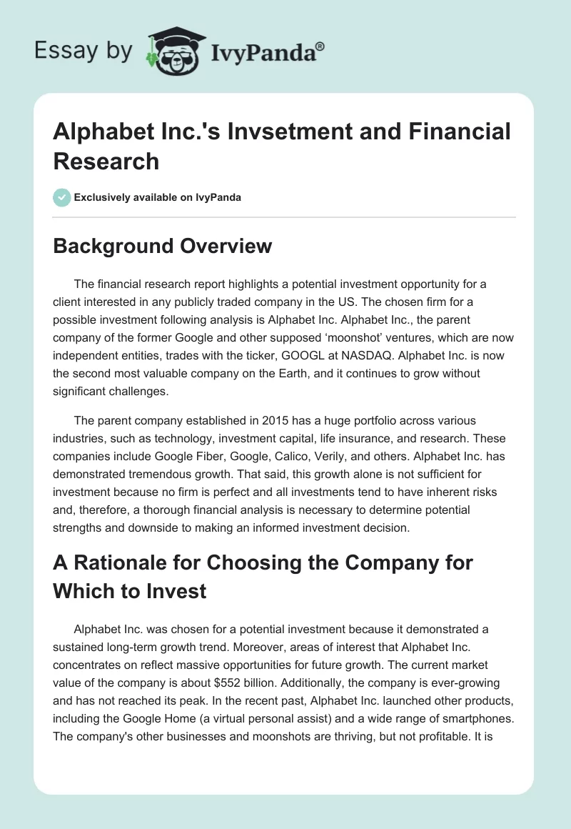 Alphabet Inc.'s Invsetment and Financial Research. Page 1