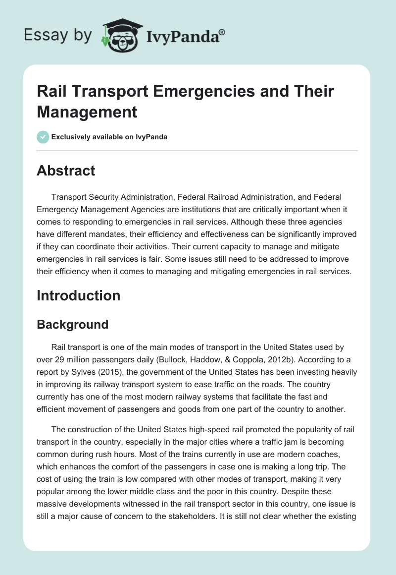 Rail Transport Emergencies and Their Management. Page 1