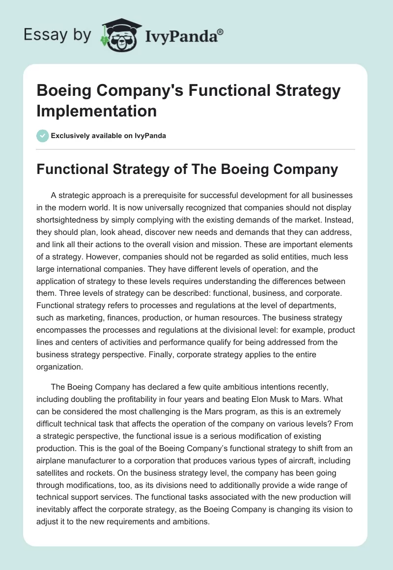 Boeing Company's Functional Strategy Implementation. Page 1