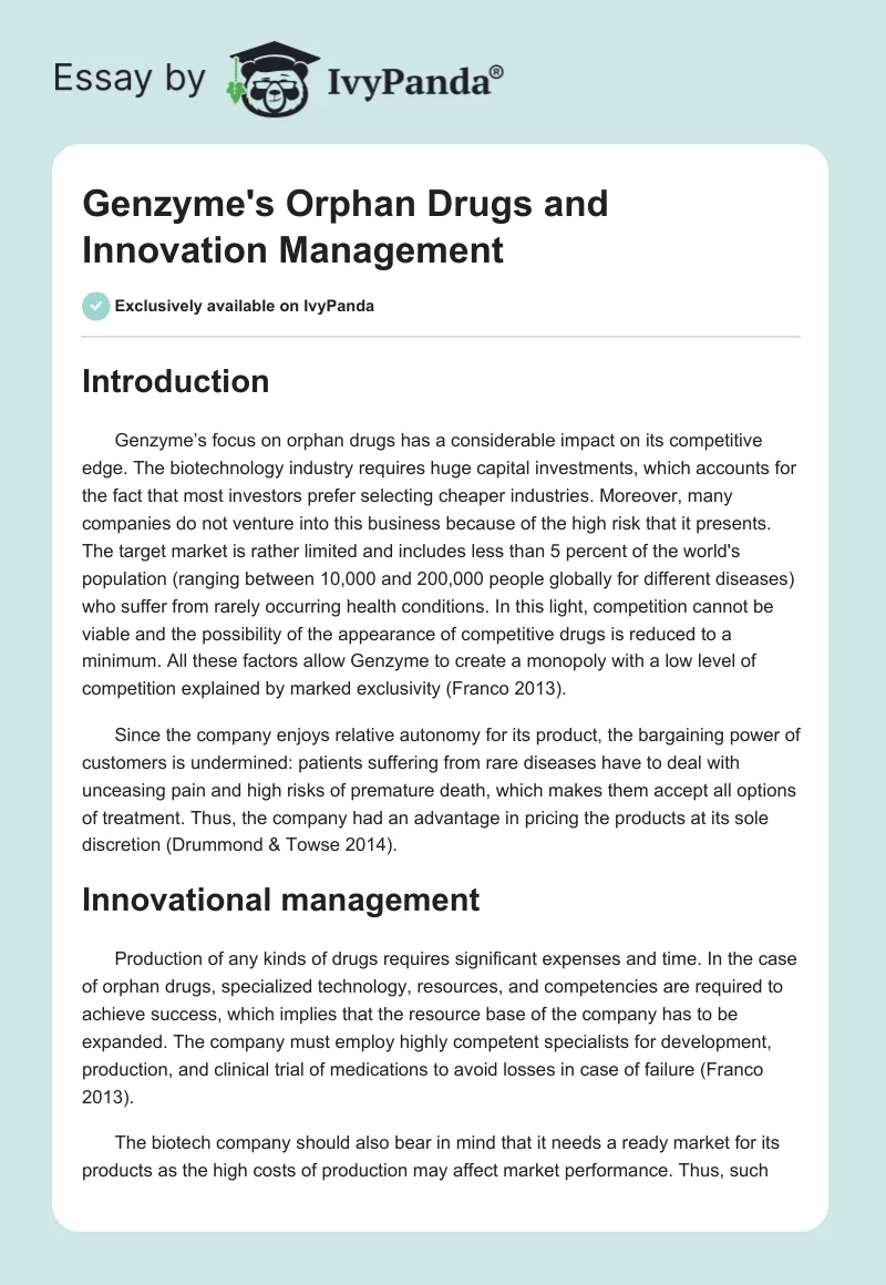 Genzyme's Orphan Drugs and Innovation Management. Page 1