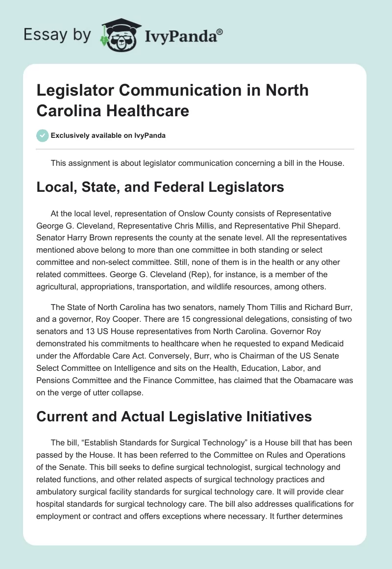 Legislator Communication in North Carolina Healthcare. Page 1