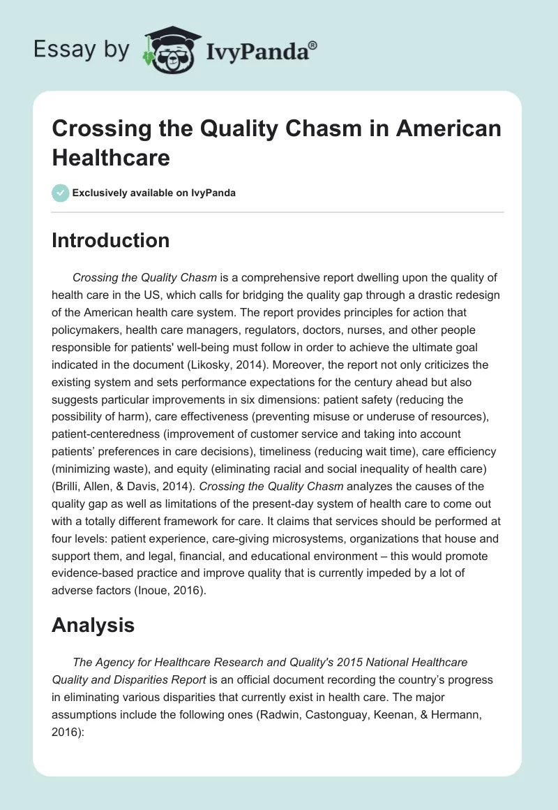 Crossing the Quality Chasm in American Healthcare. Page 1