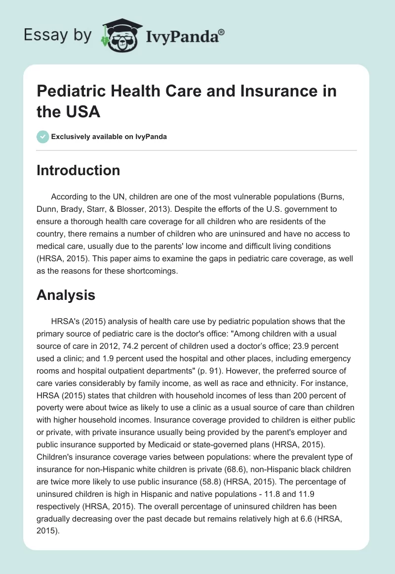 Pediatric Health Care and Insurance in the USA. Page 1