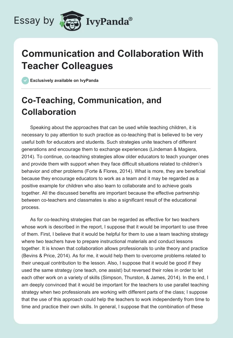 Communication and Collaboration With Teacher Colleagues. Page 1