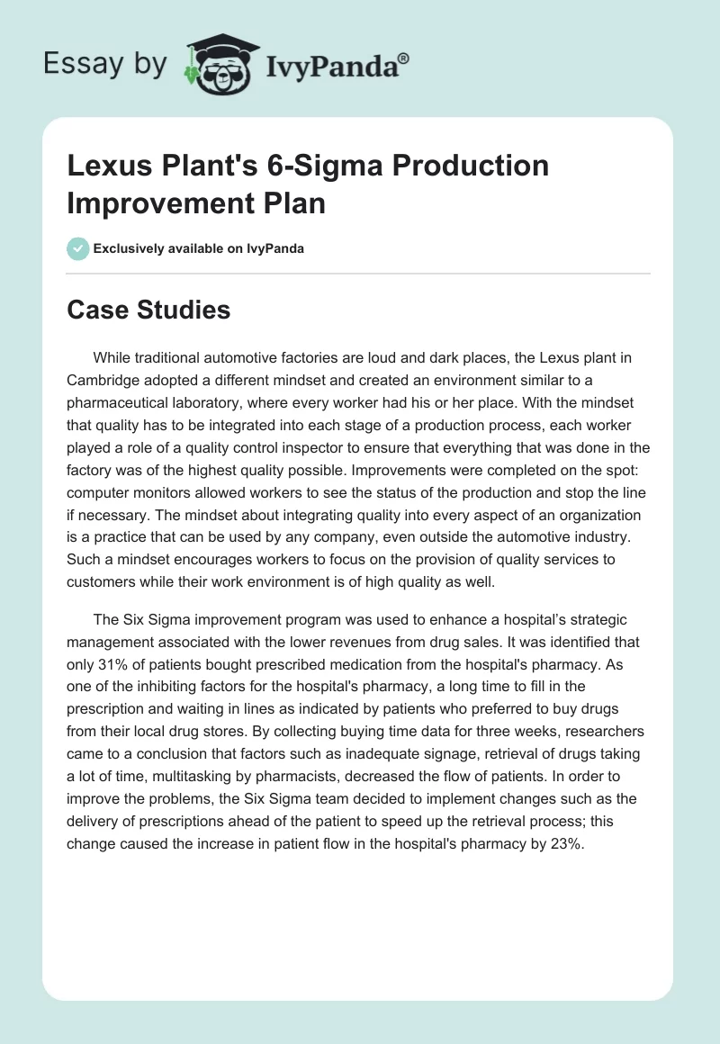Lexus Plant's 6-Sigma Production Improvement Plan. Page 1