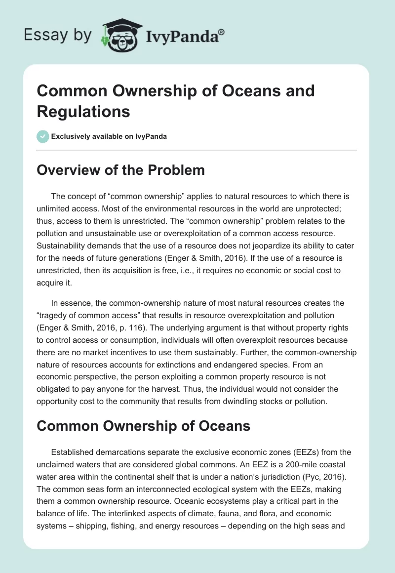 Common Ownership of Oceans and Regulations. Page 1