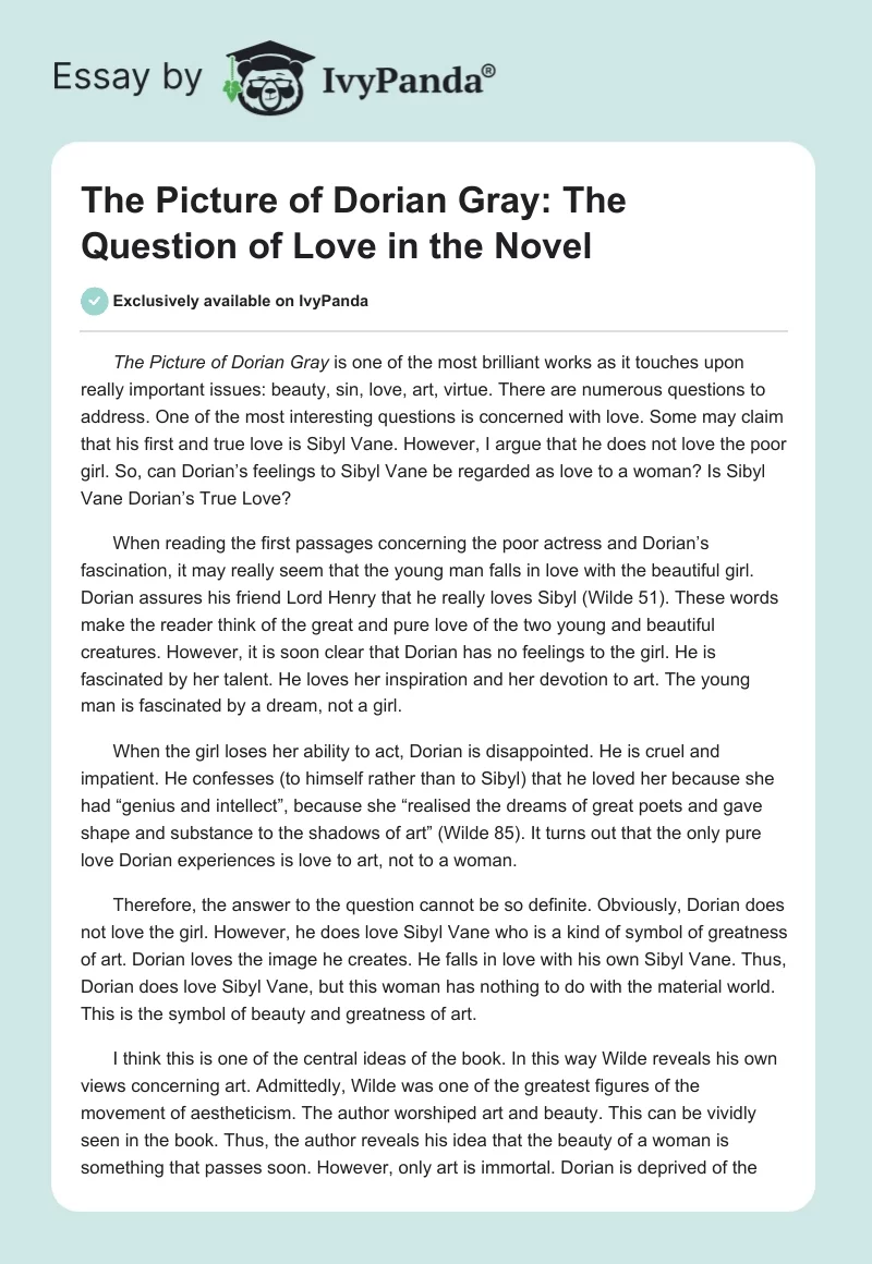 "The Picture of Dorian Gray": The Question of Love in the Novel. Page 1