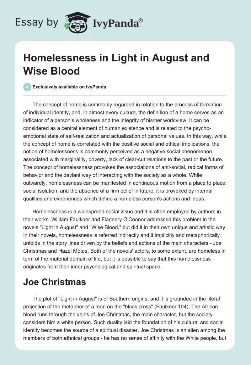 Homelessness in "Light in August" and "Wise Blood". Page 1
