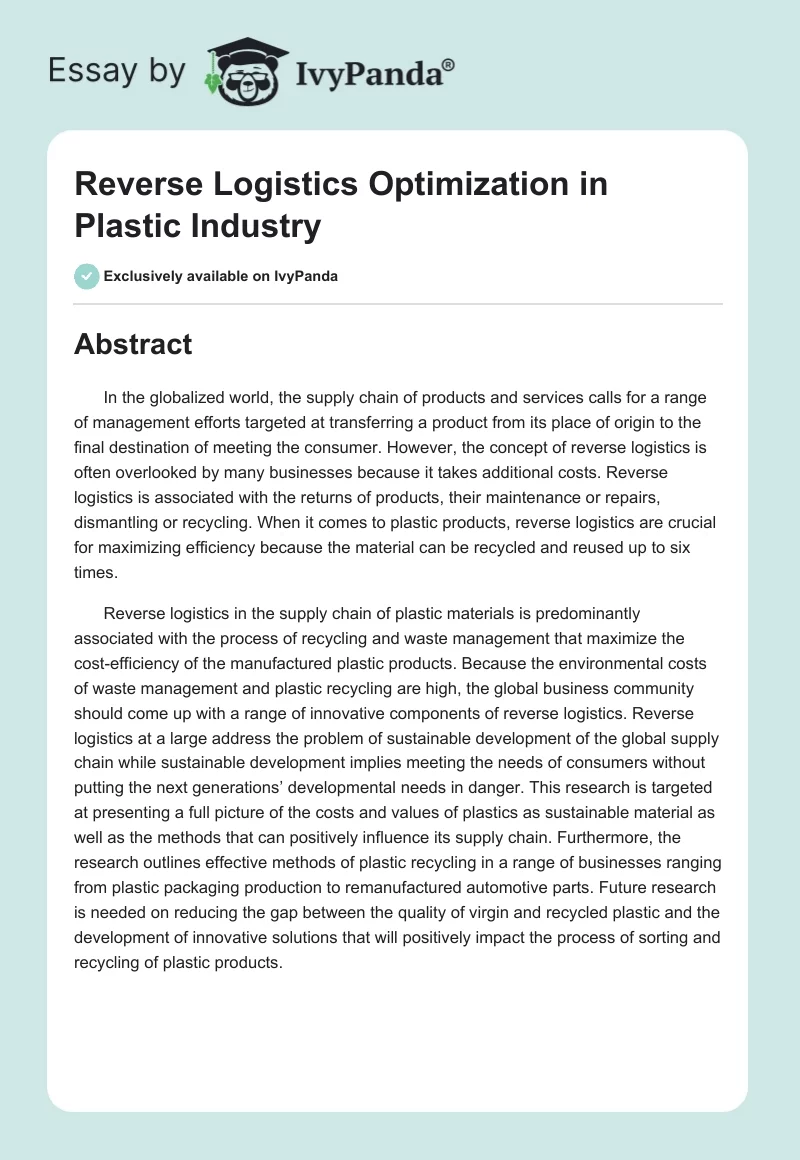 Reverse Logistics Optimization in Plastic Industry. Page 1
