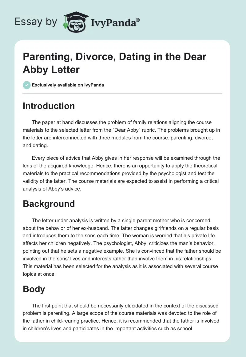 Parenting, Divorce, Dating in the Dear Abby Letter. Page 1