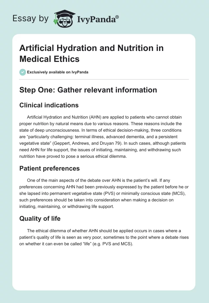 Artificial Hydration and Nutrition in Medical Ethics. Page 1