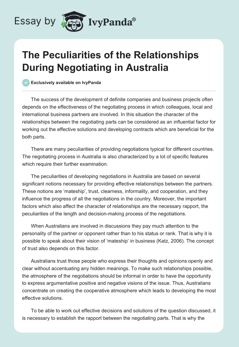 The Peculiarities of the Relationships During Negotiating in Australia. Page 1