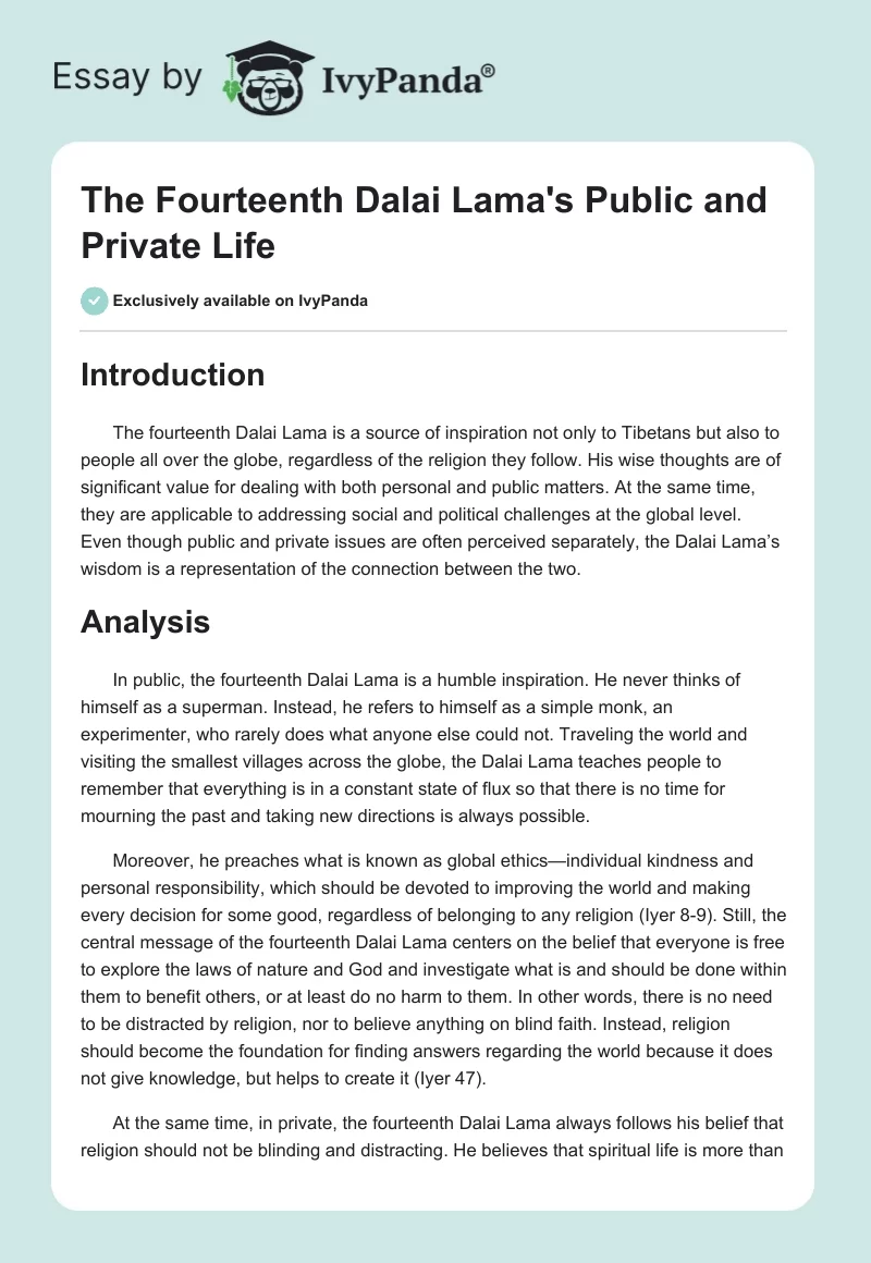The Fourteenth Dalai Lama's Public and Private Life. Page 1