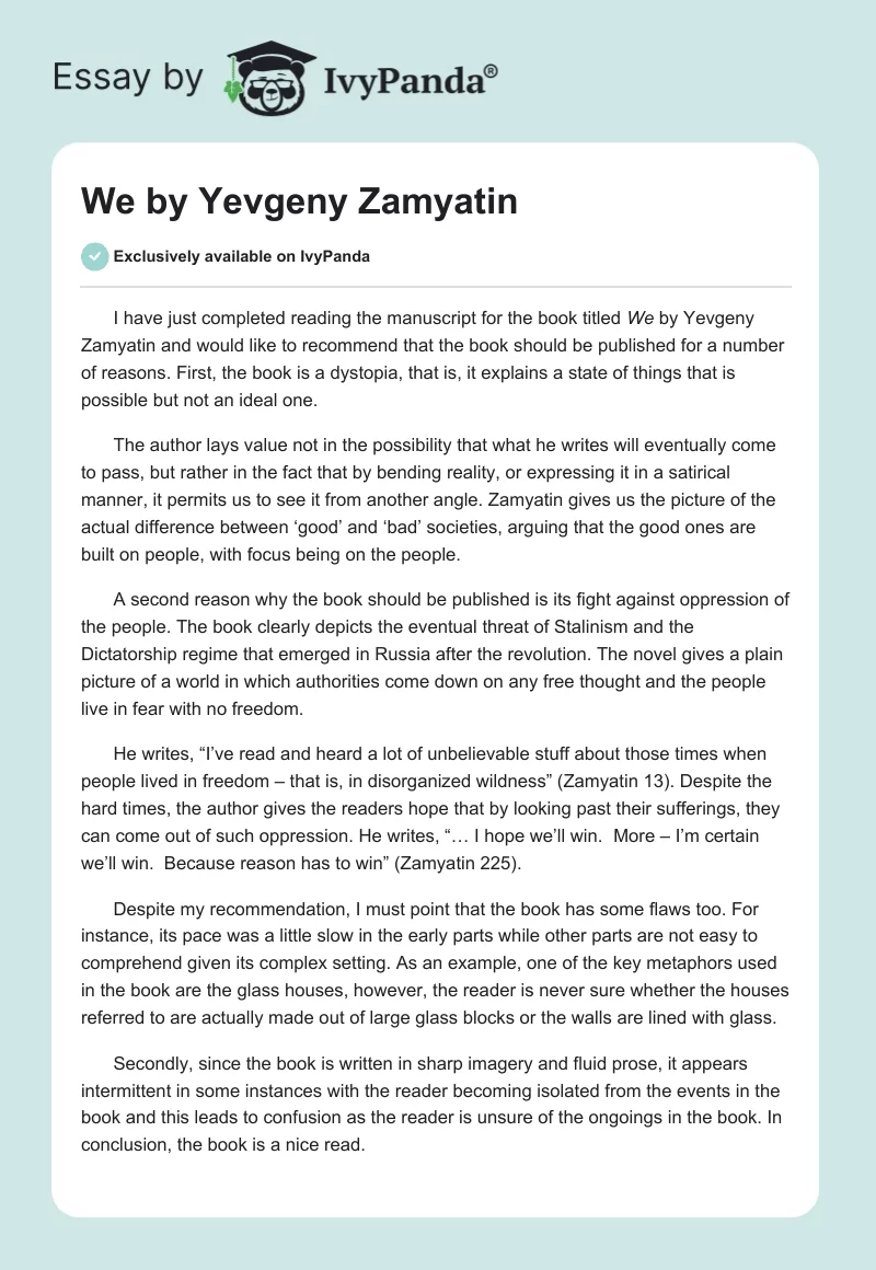 "We" by Yevgeny Zamyatin. Page 1