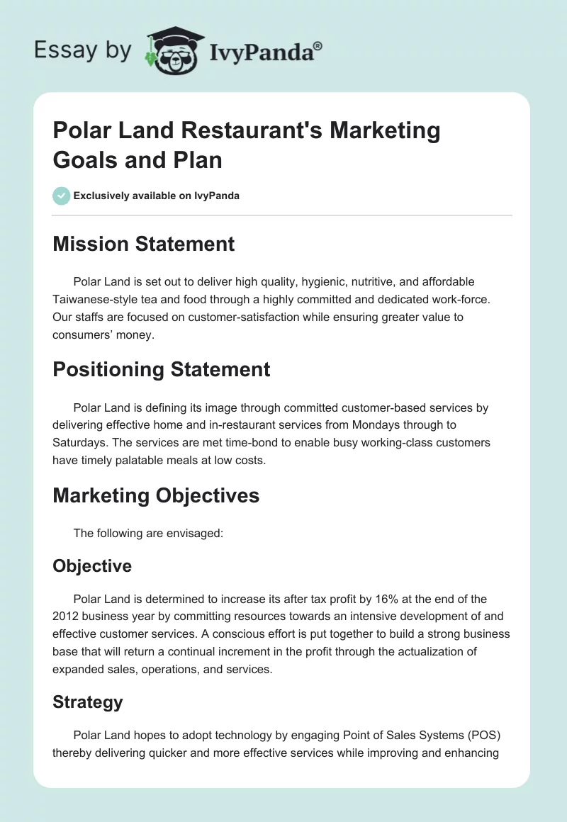 Polar Land Restaurant's Marketing Goals and Plan. Page 1