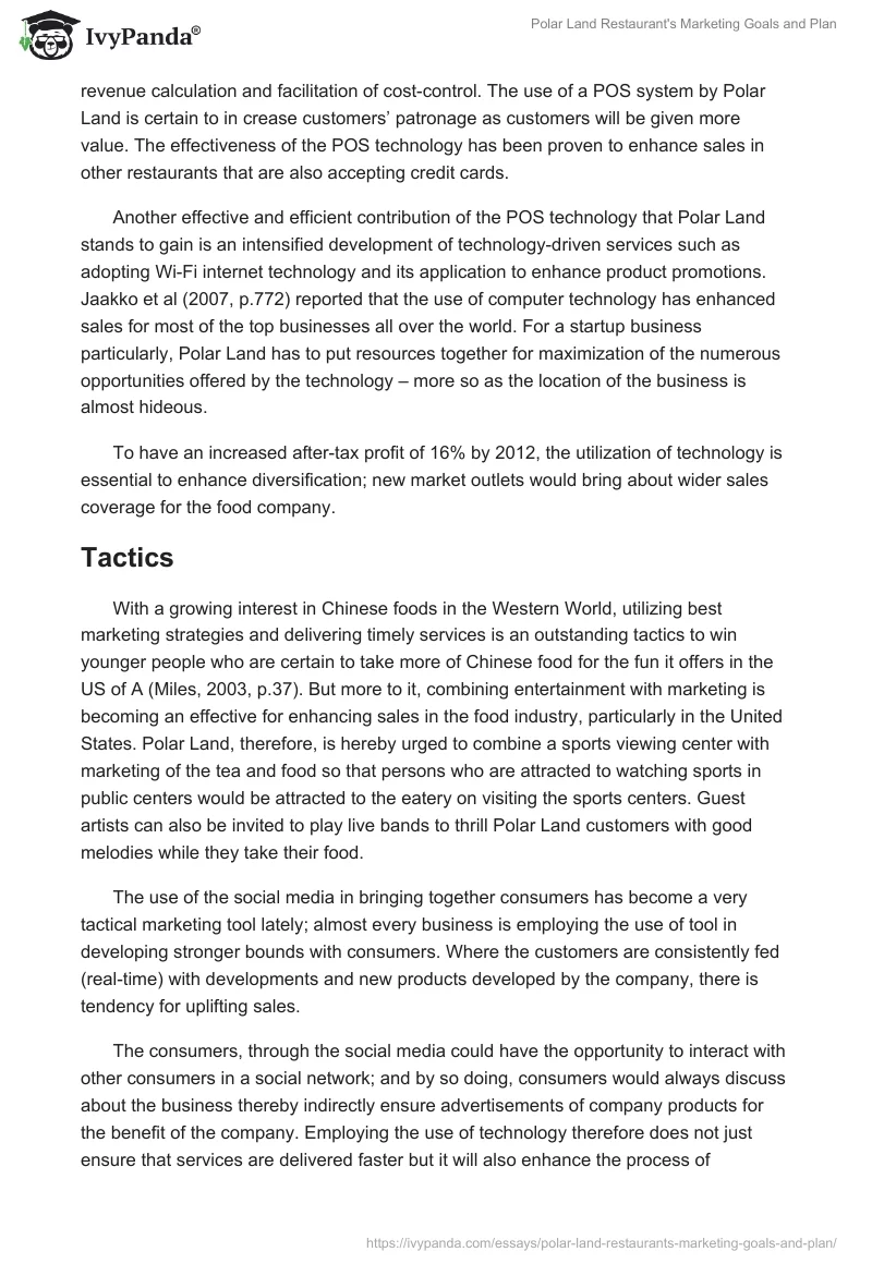 Polar Land Restaurant's Marketing Goals and Plan. Page 2