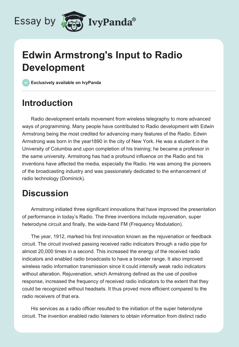 Edwin Armstrong's Input to Radio Development. Page 1