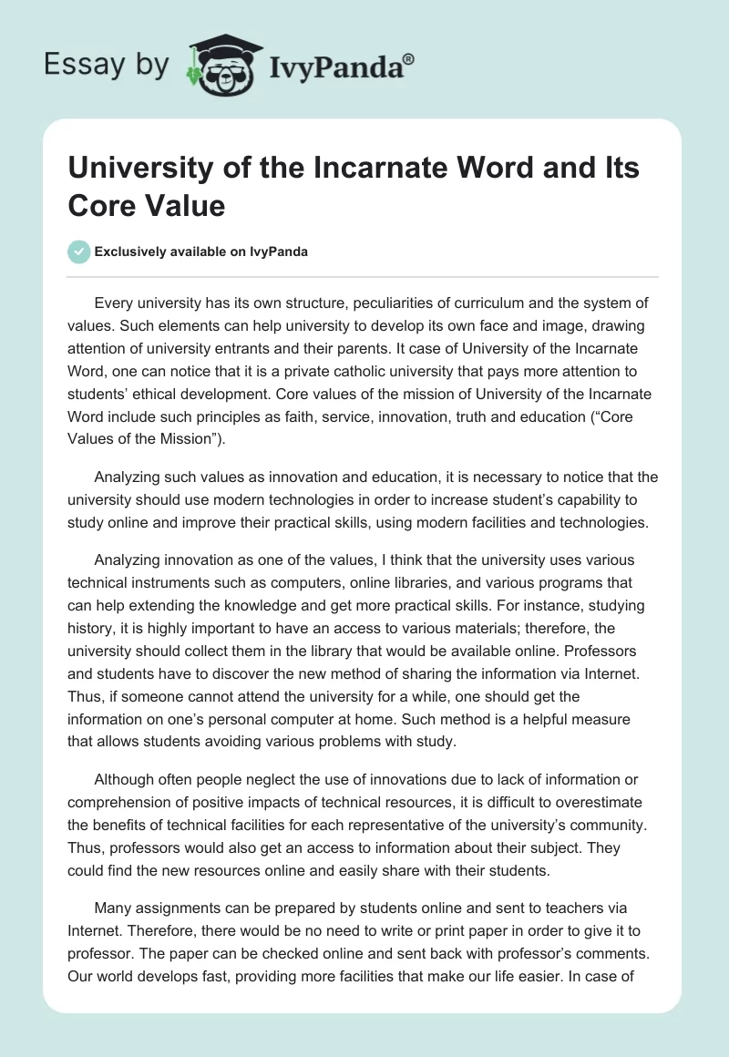 University of the Incarnate Word and Its Core Value. Page 1
