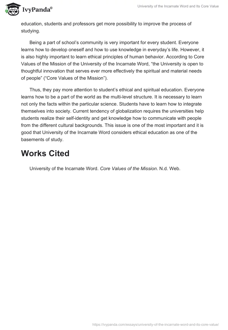 University of the Incarnate Word and Its Core Value. Page 2