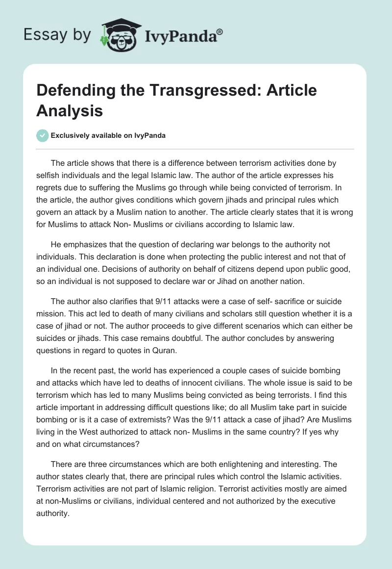 Defending the Transgressed: Article Analysis. Page 1