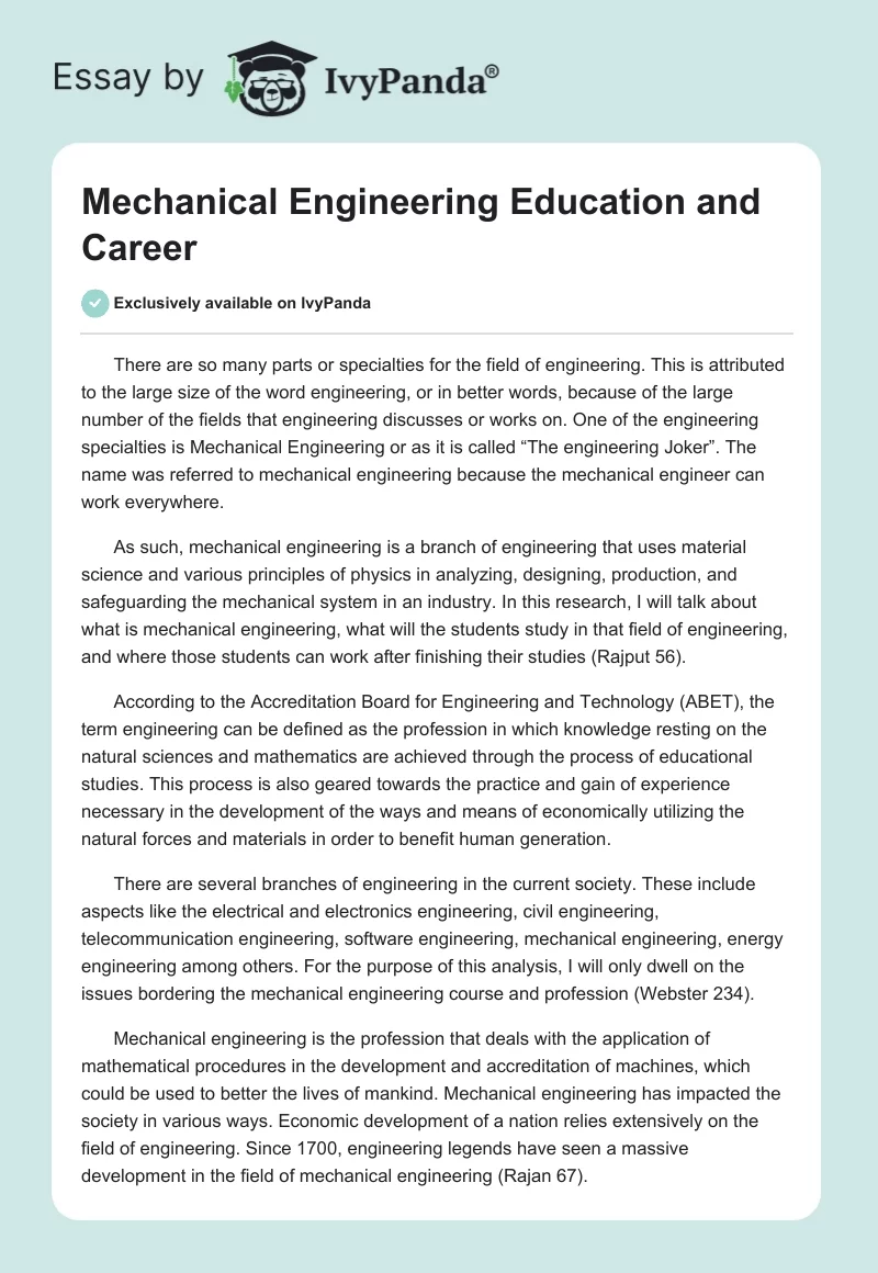 Mechanical Engineering Education and Career. Page 1