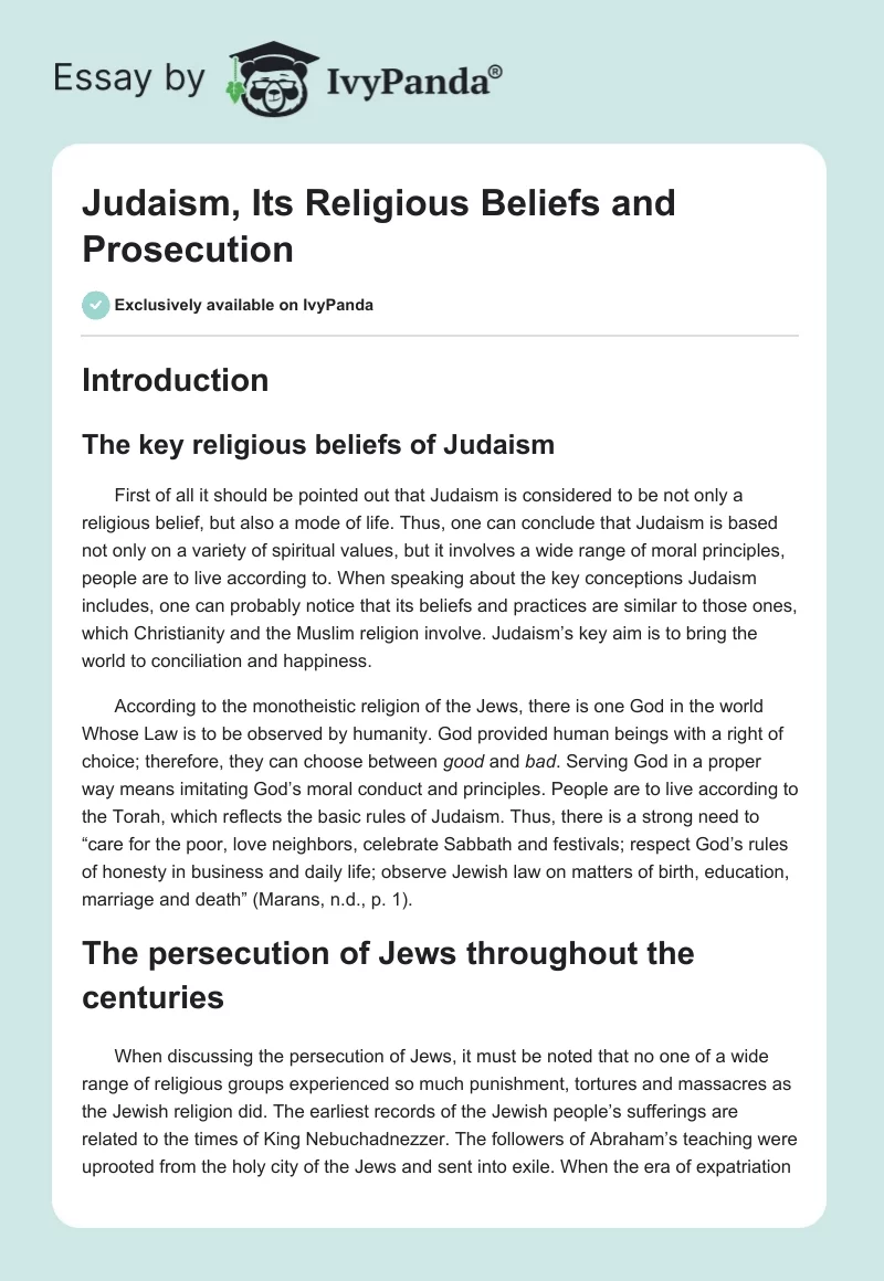 Judaism, Its Religious Beliefs and Prosecution. Page 1