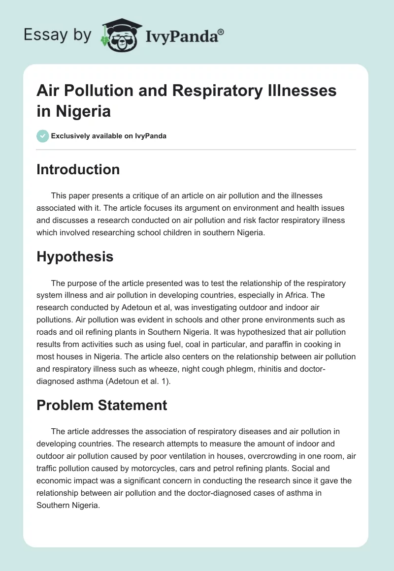 Air Pollution and Respiratory Illnesses in Nigeria. Page 1