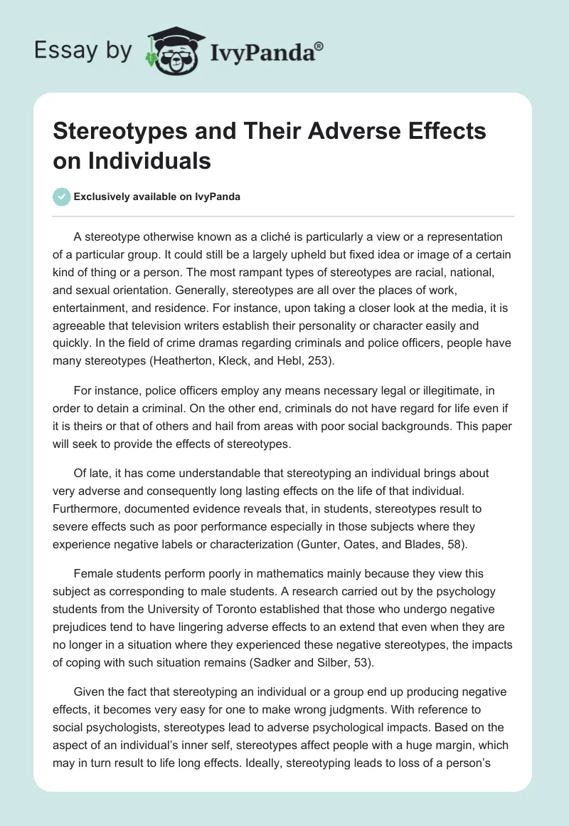 Stereotypes and Their Adverse Effects on Individuals. Page 1