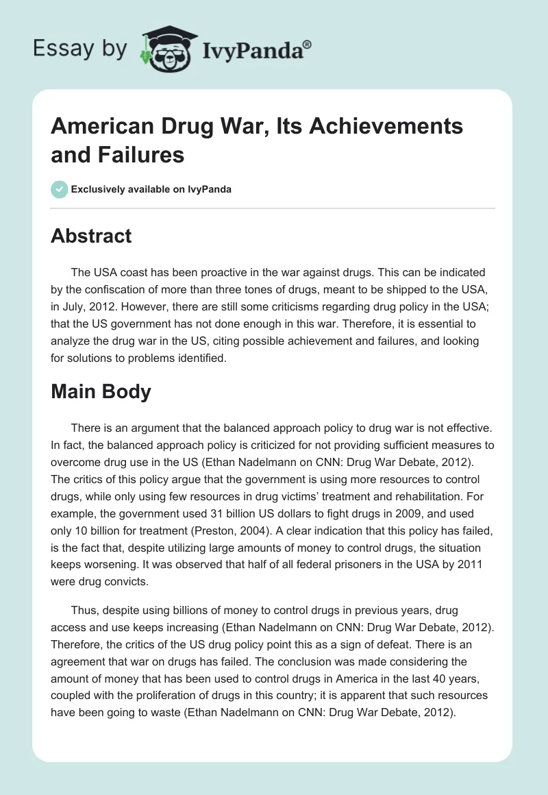 American Drug War, Its Achievements and Failures. Page 1